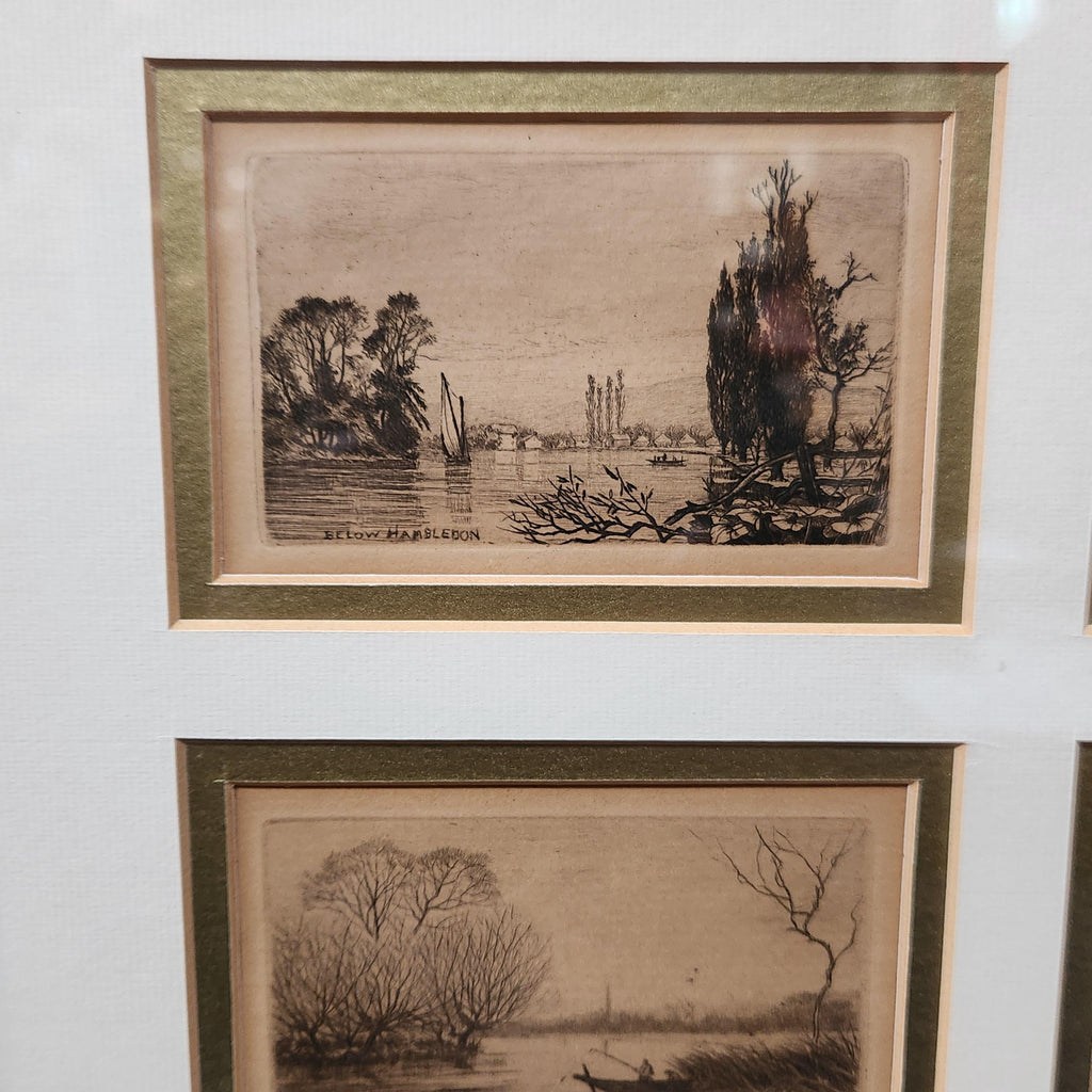 Framed set of 6 etchings of the River Thames. Possibly Wildred Ball