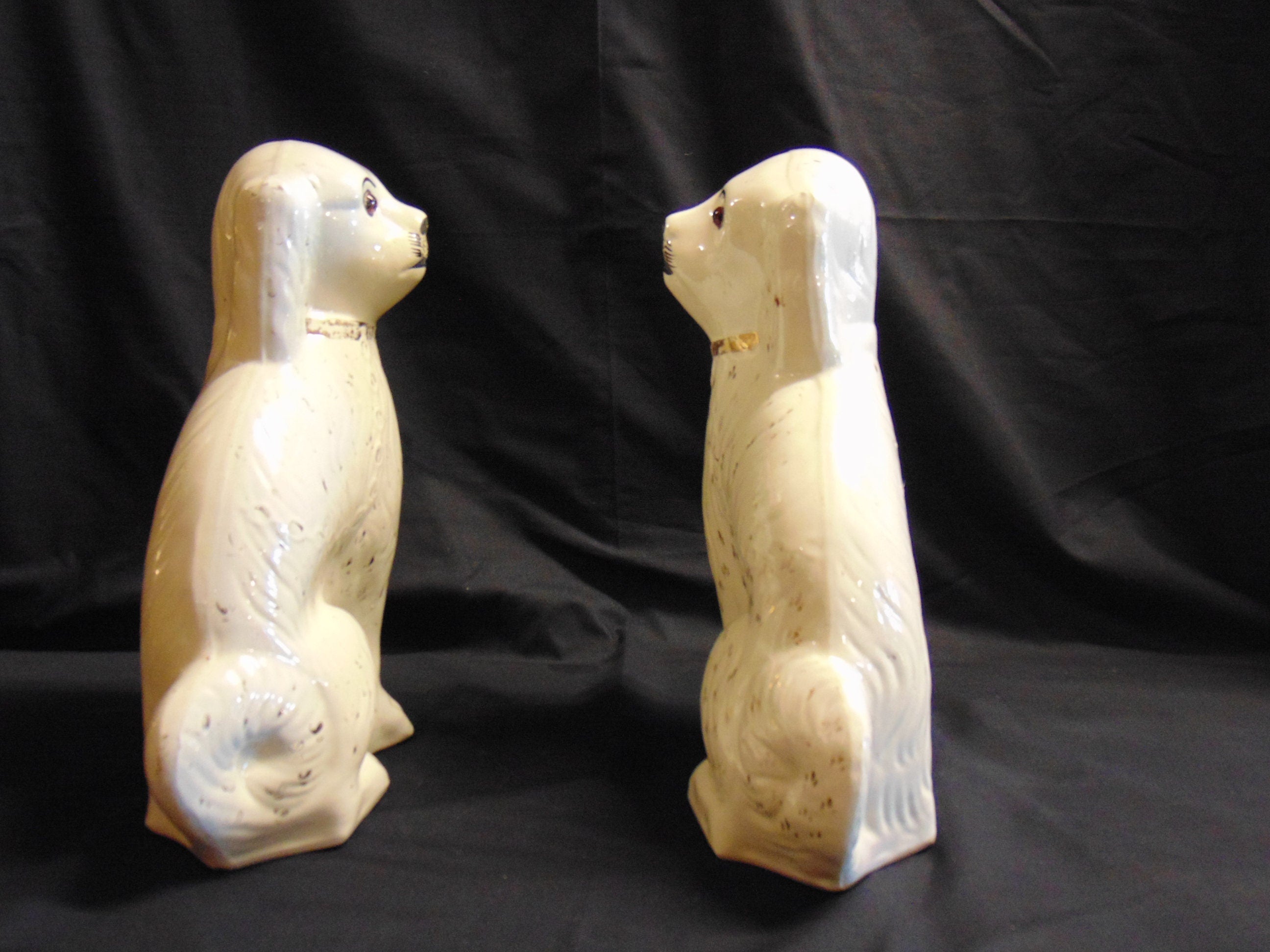 Pair Victorian Staffordshire Flat Back Spaniels With Glass Eyes