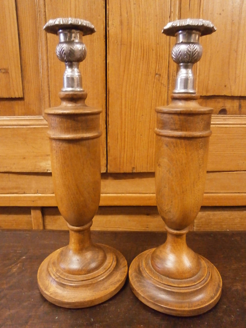 Pair of Art Deco Oak and White Metal Candlesticks - Vintage