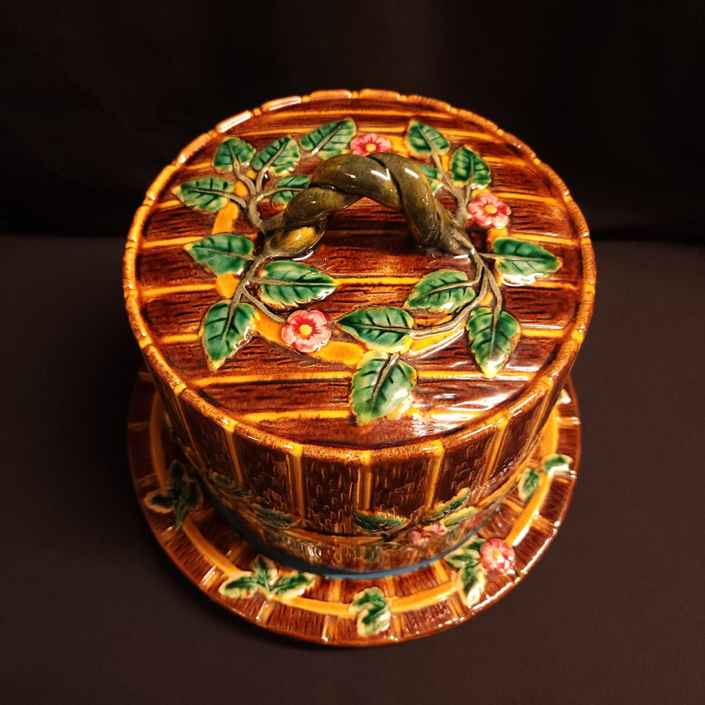 Majolica Cheese Keeper, Fence and Vine, In the Manner of George Jones Circa Early 1900's