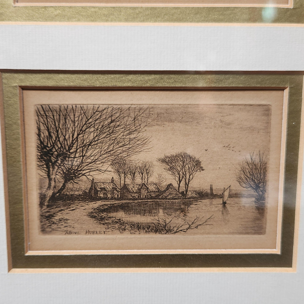 Framed set of 6 etchings of the River Thames. Possibly Wildred Ball