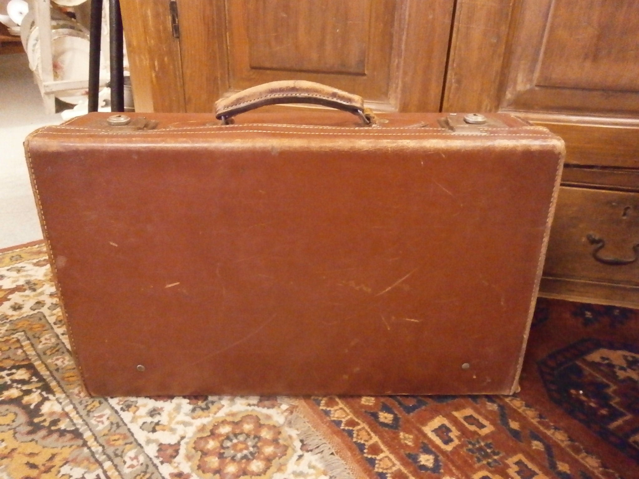 Vintage Tan Leather Suitcase with Original Key