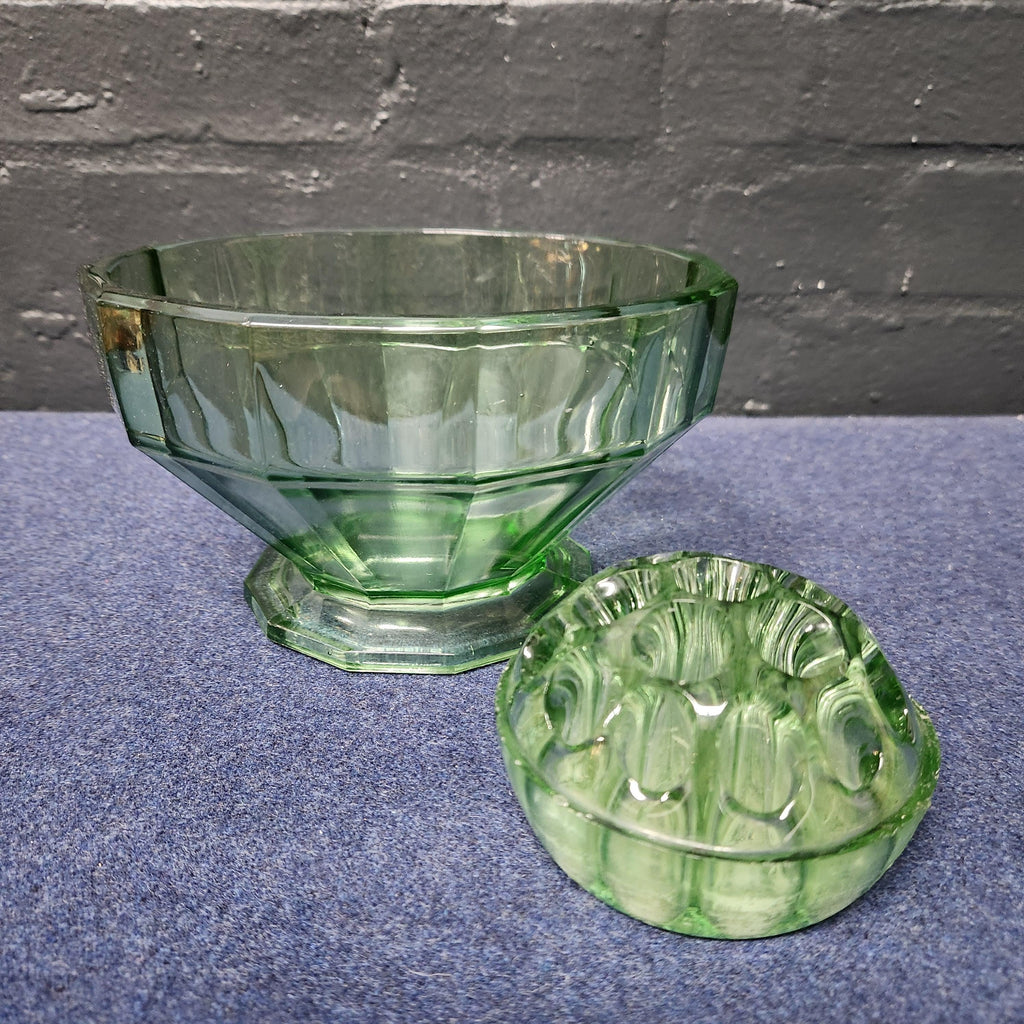 Art Deco Green Glass Rose Bowl with Flower Frog