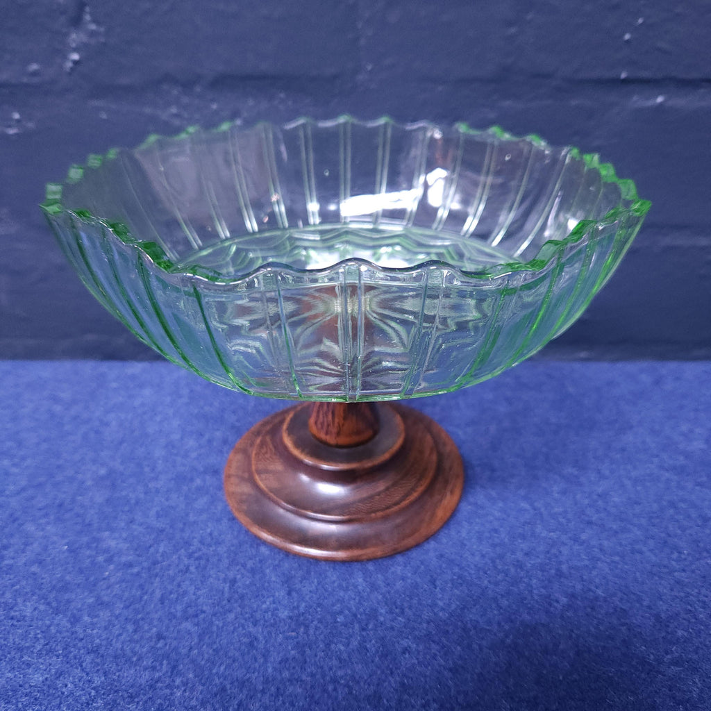 Uranium Glass and Oak Comport Circa 1930's