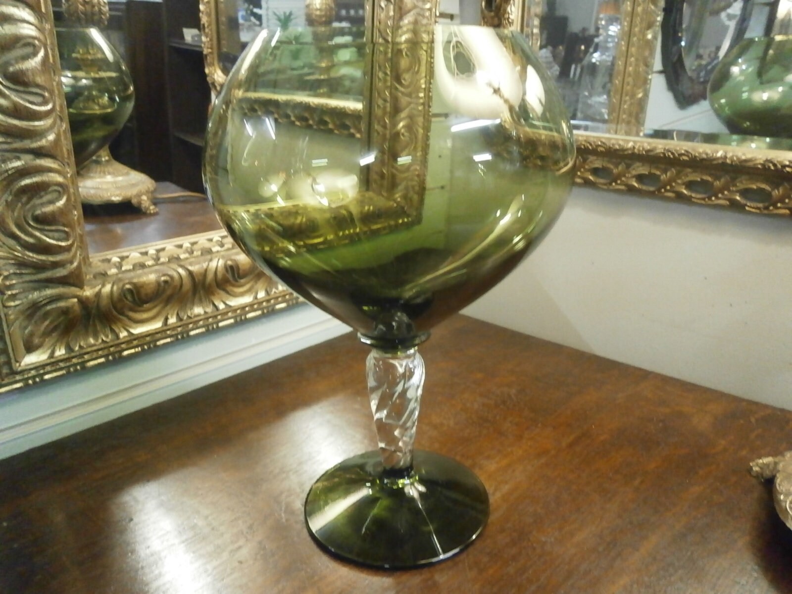 Retro Green Glass Stemmed Bowl - Vintage