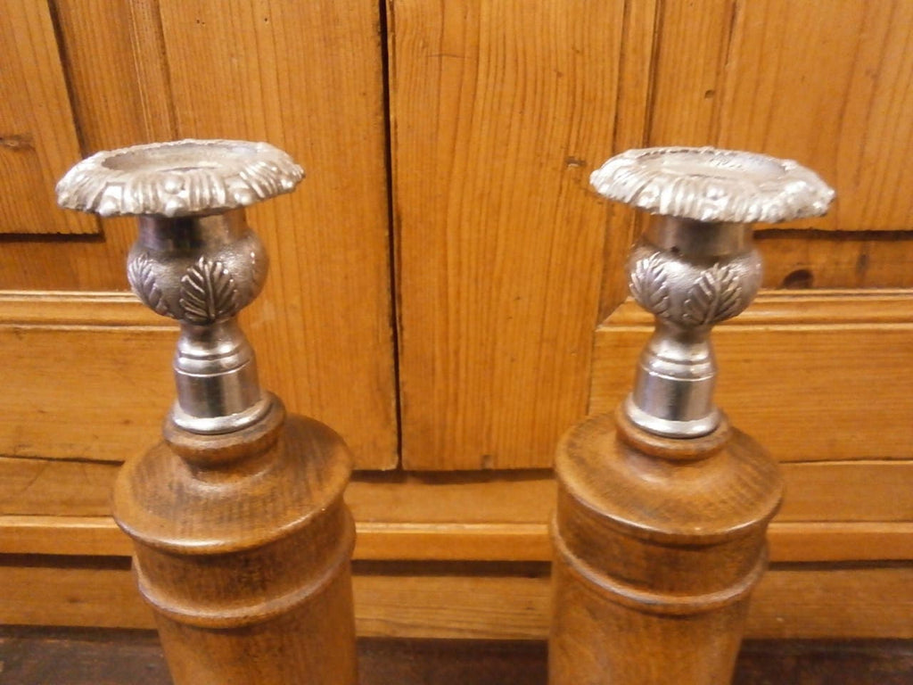 Pair of Art Deco Oak and White Metal Candlesticks - Vintage