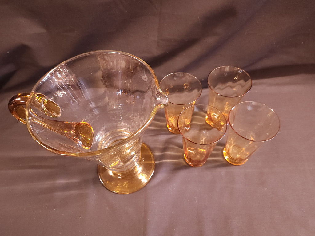 Art Deco, Possibly Whitefriars Glass, Lemonade Jug and 4 Tumblers