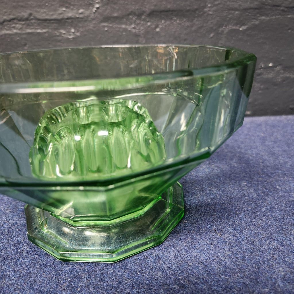 Art Deco Green Glass Rose Bowl with Flower Frog