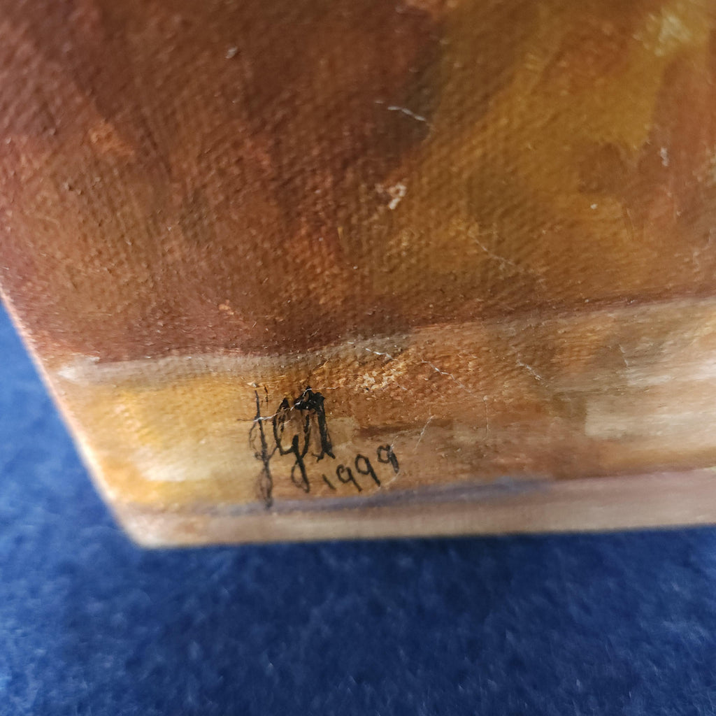 Oil on Stretched  Canvas Still Life - Garden Bench by Joan Gough Thomas 1999
