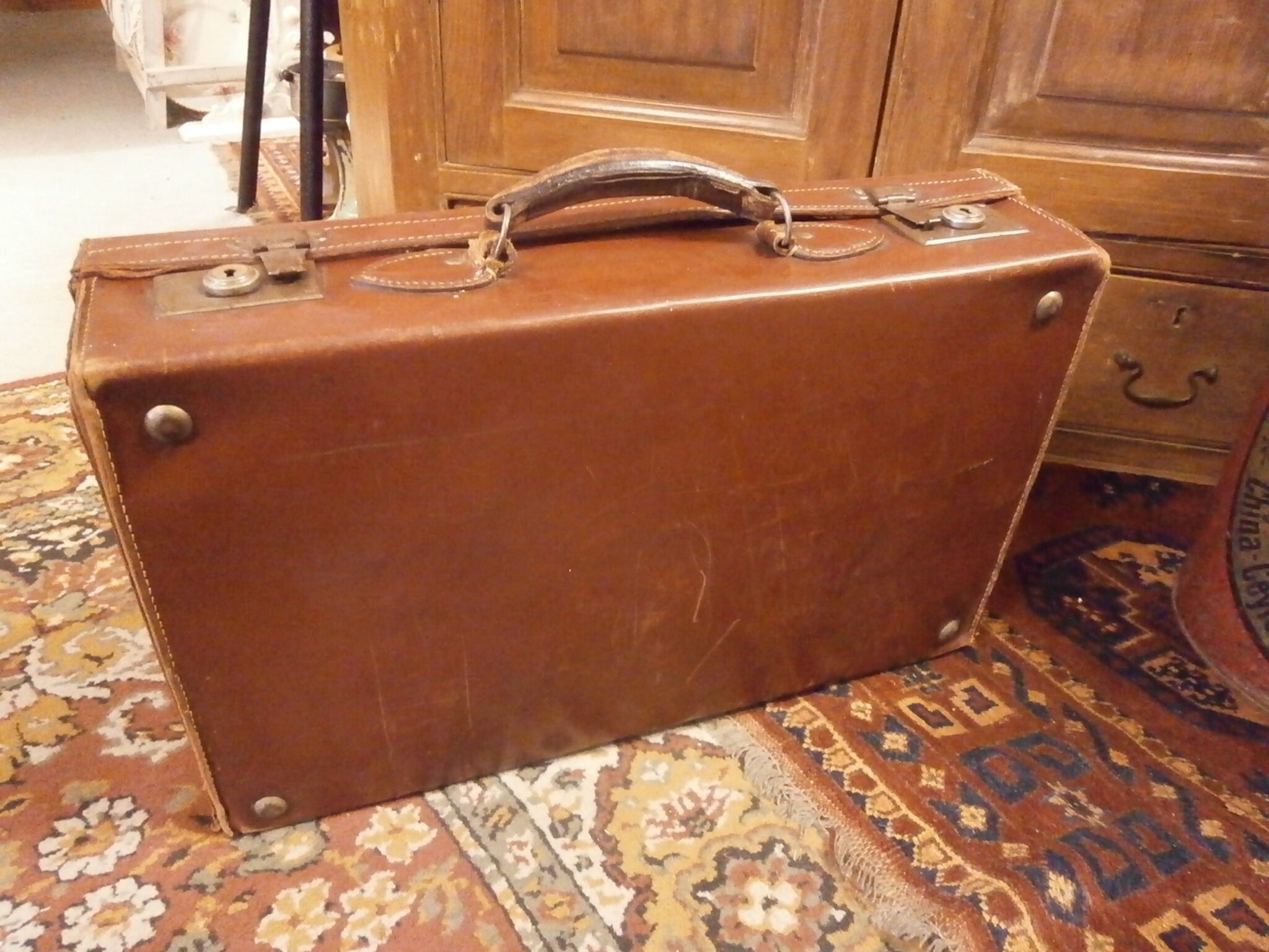 Vintage Tan Leather Suitcase with Original Key