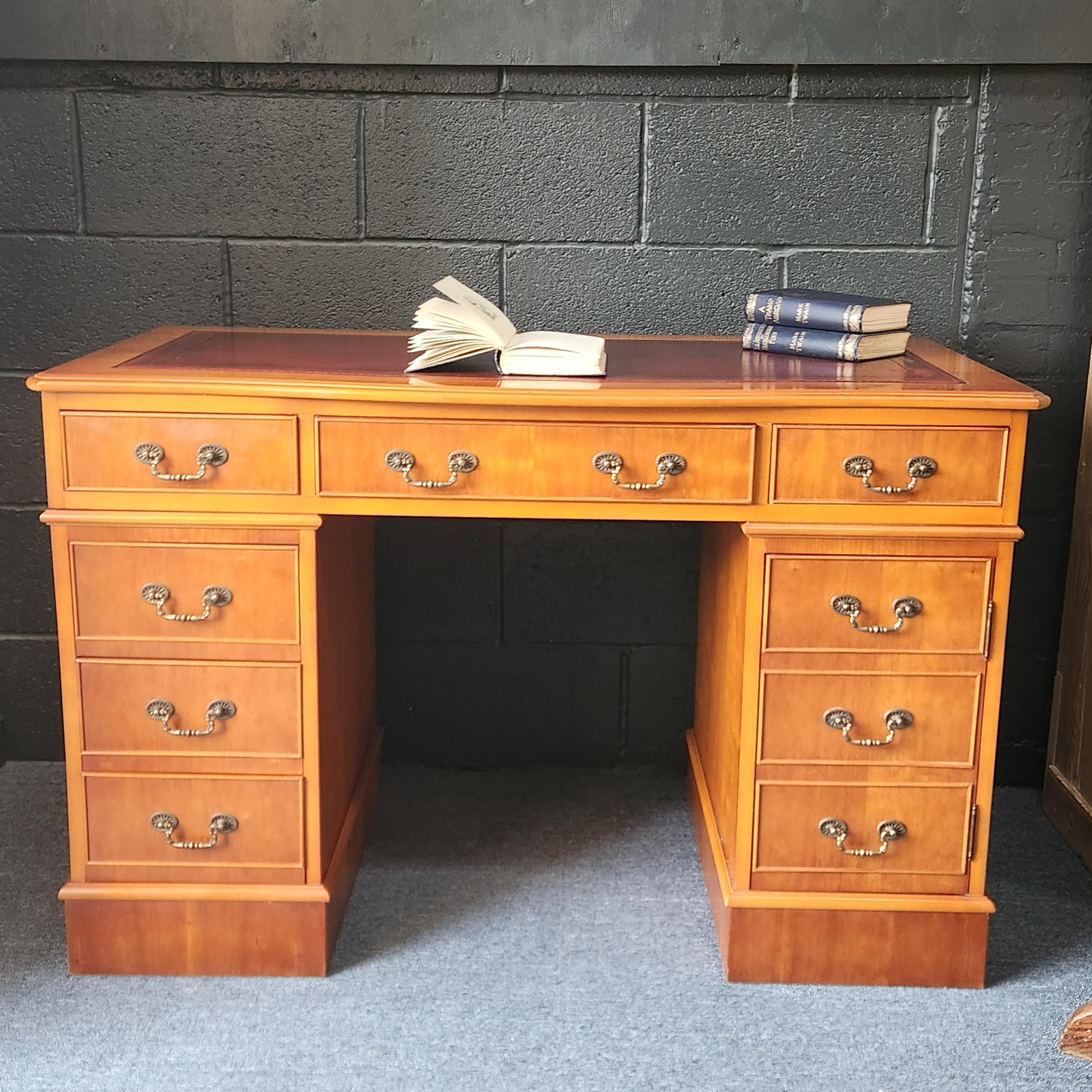 Regency Style Reproduction Yew Pedestal Desk - circa 1980