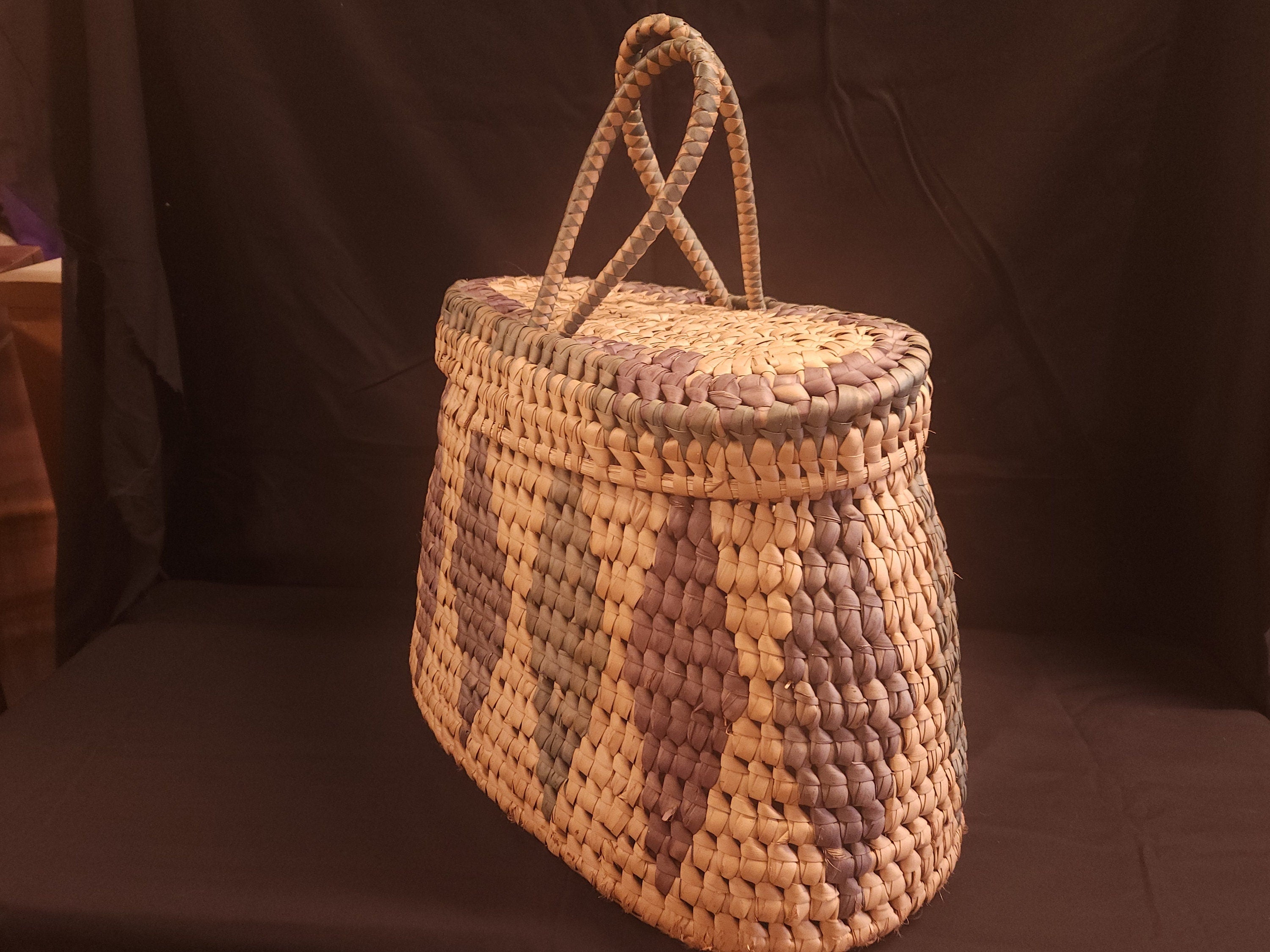 Vintage Large Woven Grass Lidded Basket