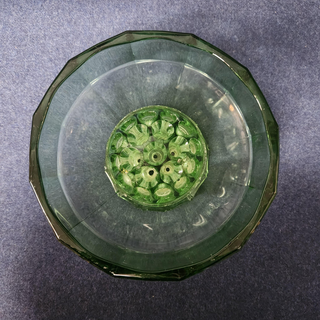 Art Deco Green Glass Rose Bowl with Flower Frog