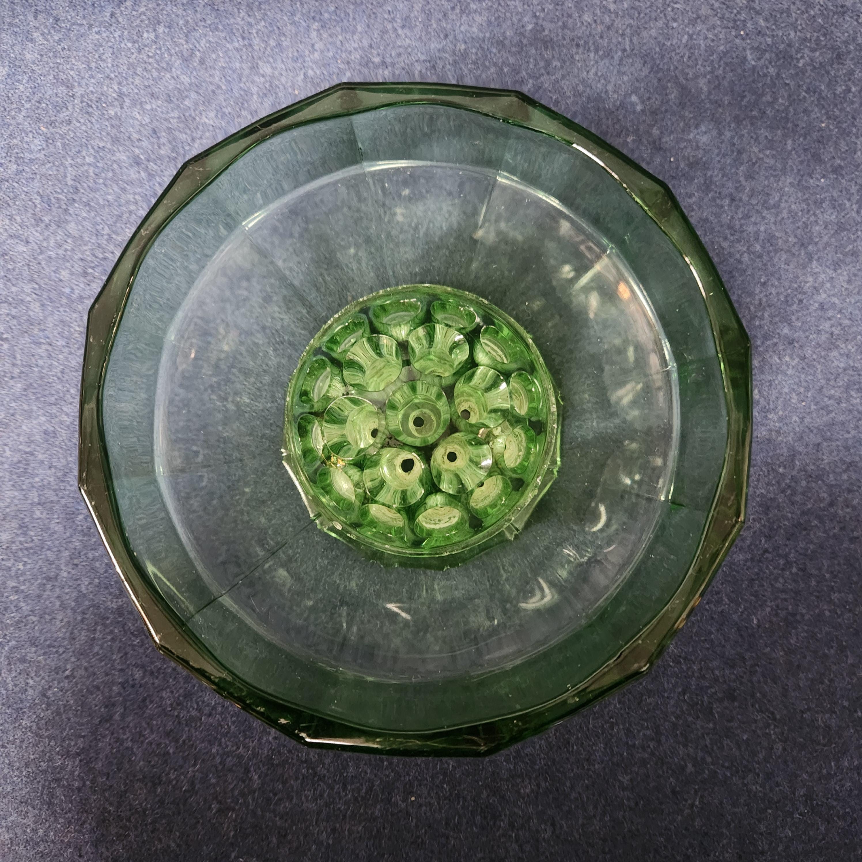 Art Deco Green Glass Rose Bowl with Flower Frog