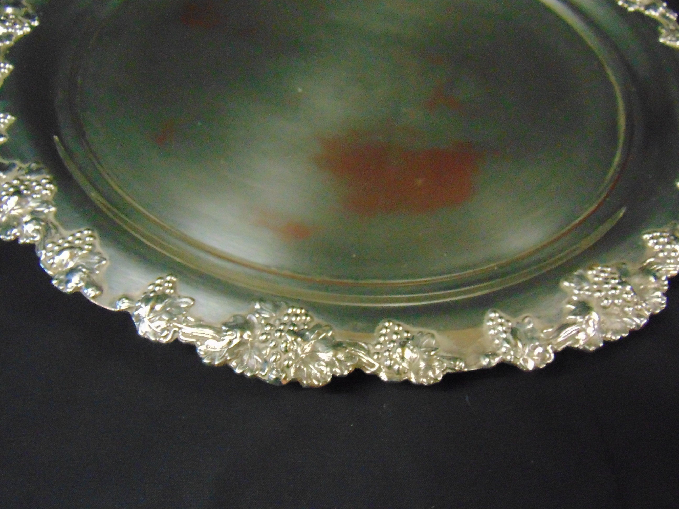 Circular Silver Plate on Copper Tray Decorated with Grapes and Vine Leaves