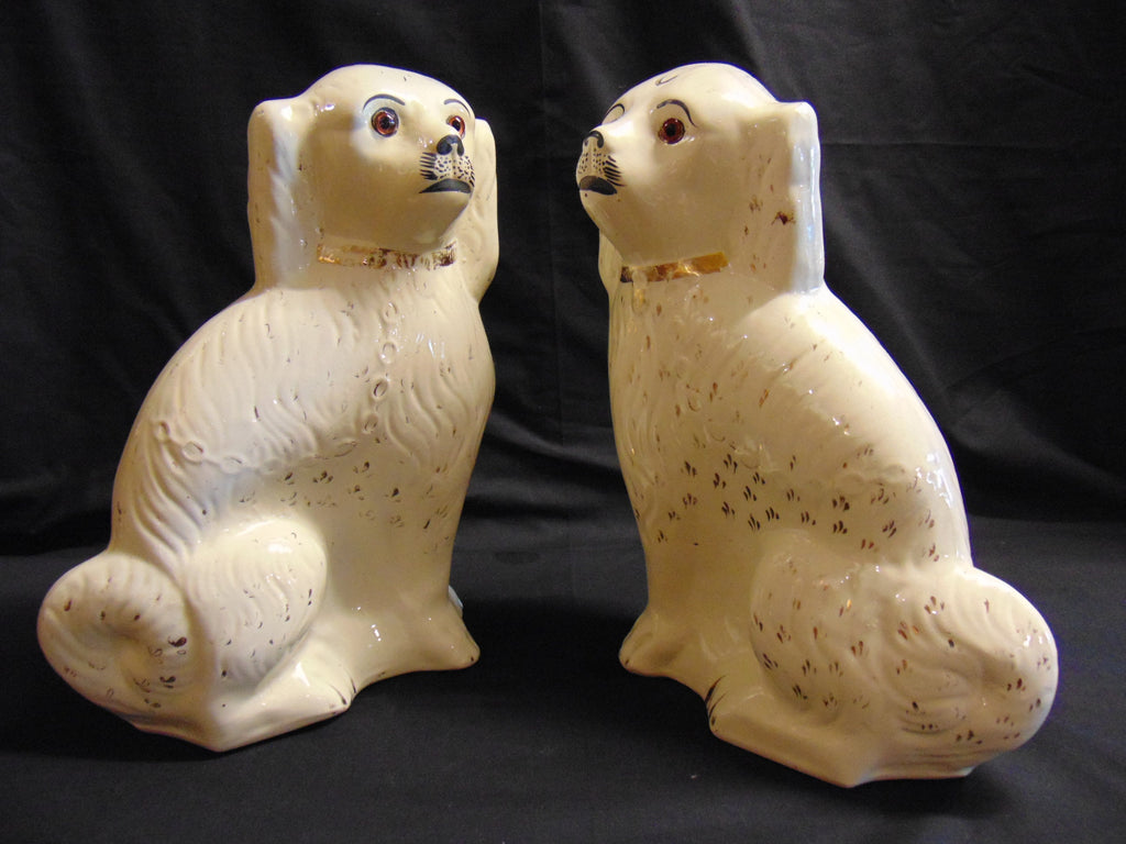 Pair Victorian Staffordshire Flat Back Spaniels With Glass Eyes