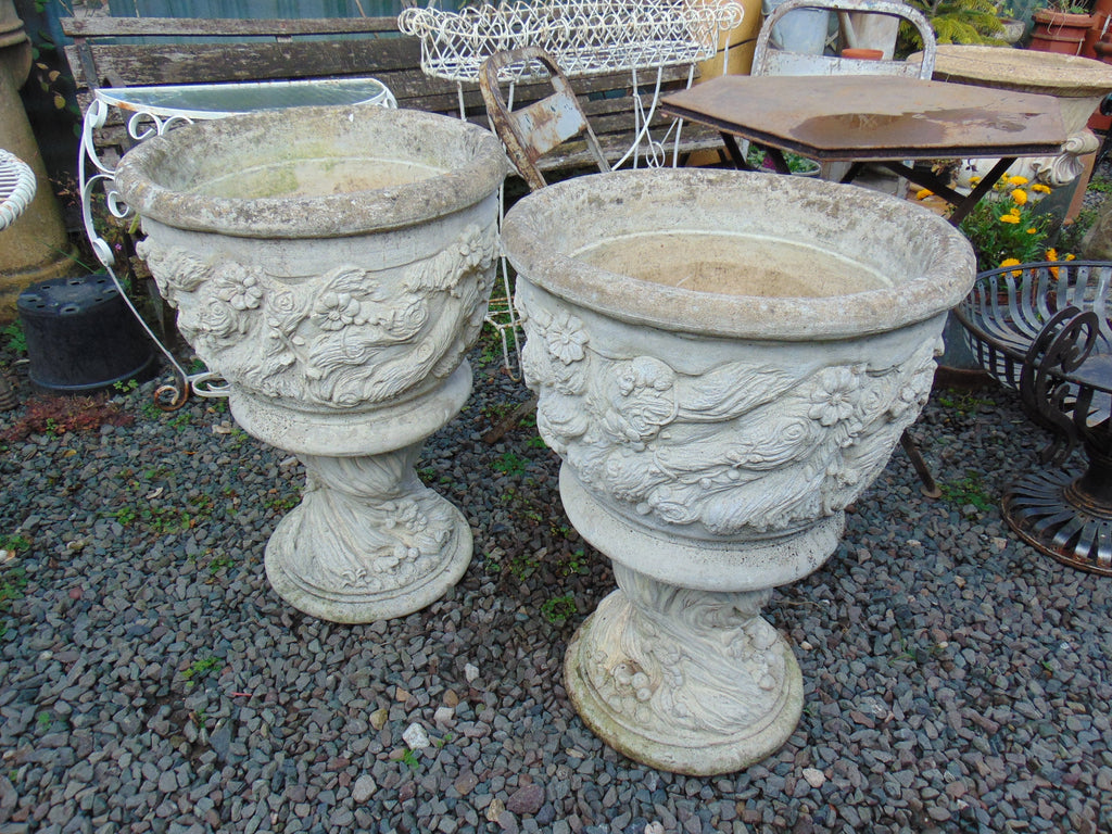 Pair Large Weathered Reconstituted Stone Urns Decorated with Flowers