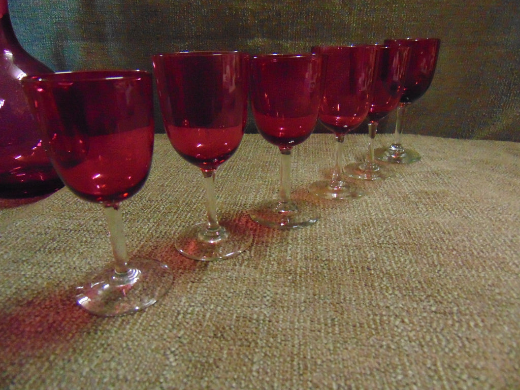 Cranberry Glass Decanter with 6 Glasses