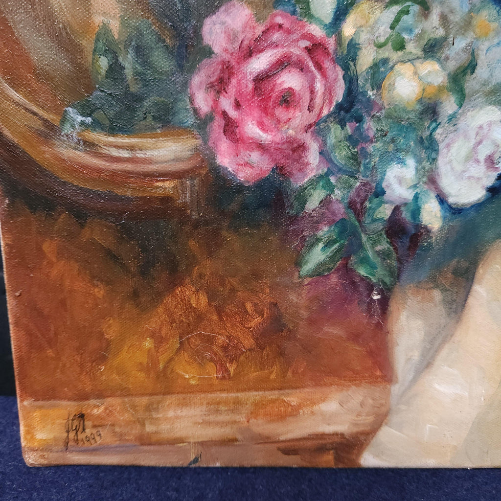 Oil on Stretched  Canvas Still Life - Garden Bench by Joan Gough Thomas 1999
