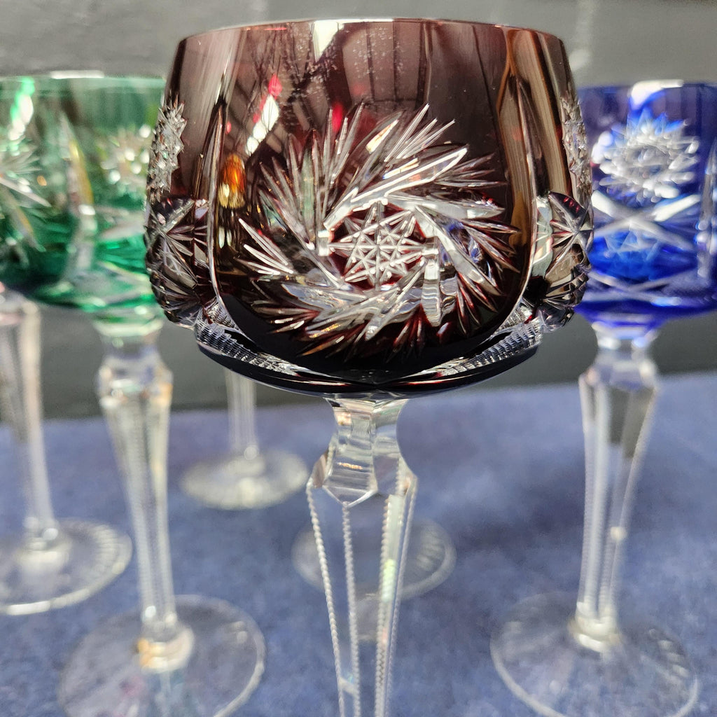 Set of 6 Hand Cut Bohemian Harlequin Hock Glasses