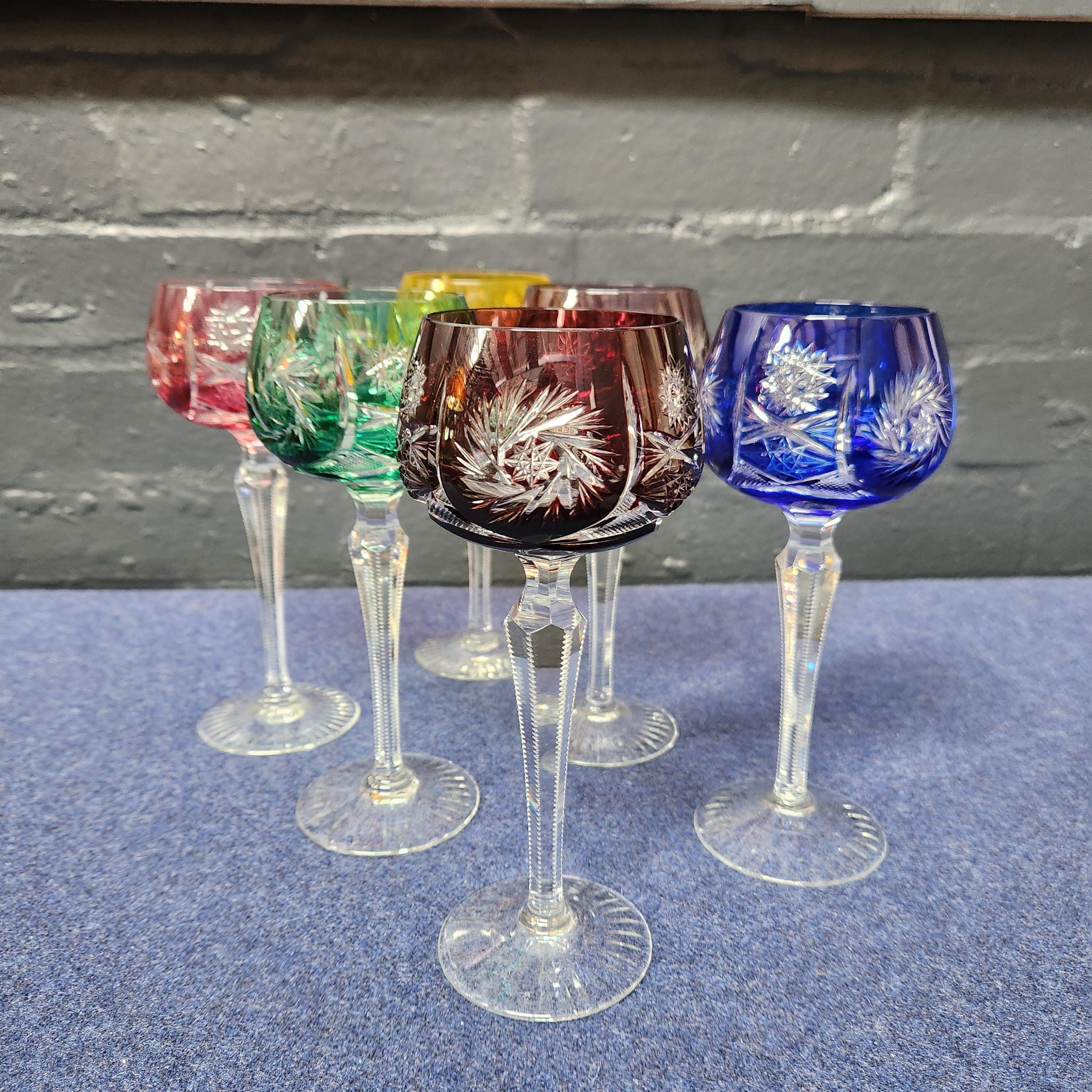 Set of 6 Hand Cut Bohemian Harlequin Hock Glasses