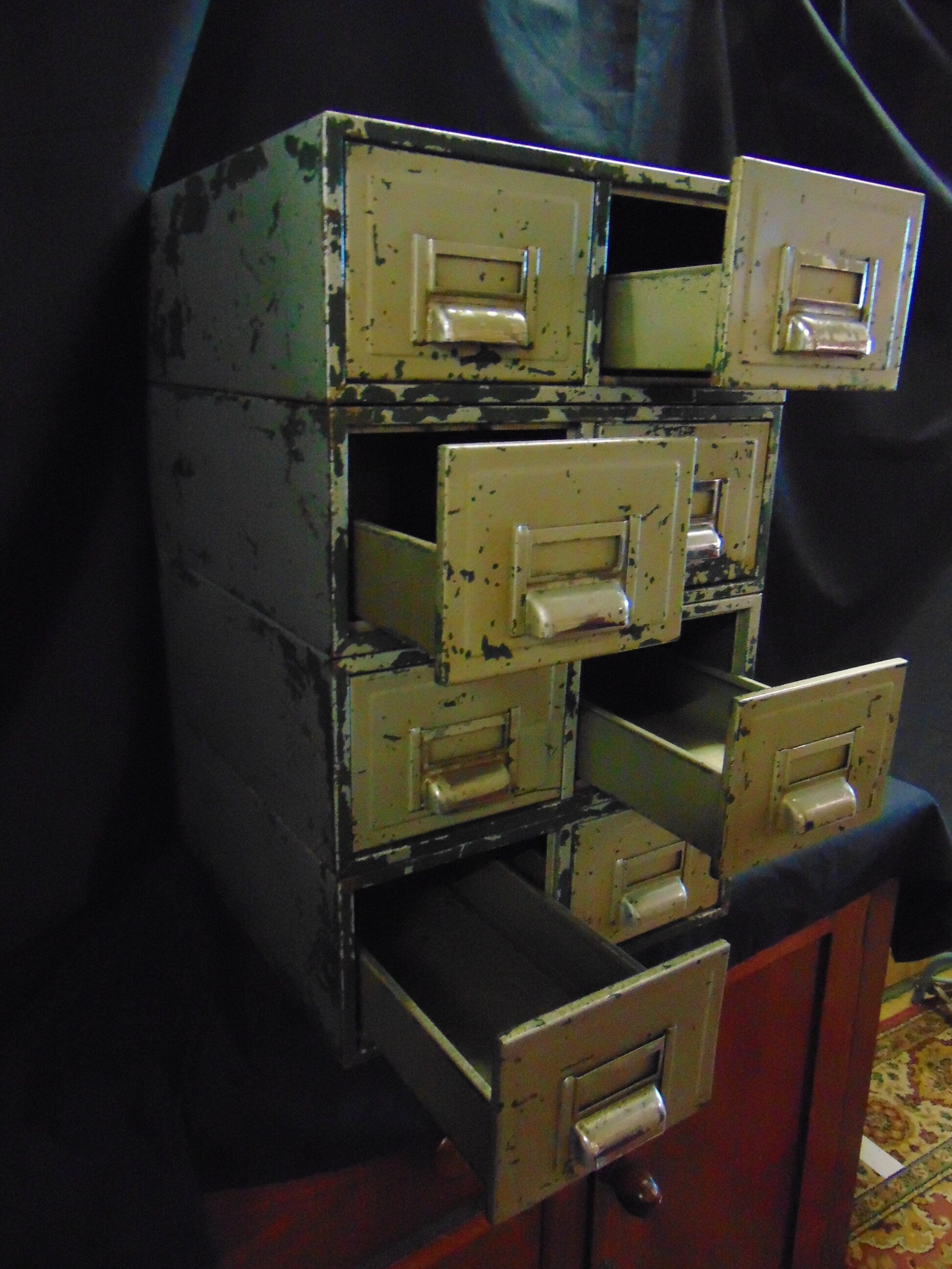 Vintage Industrial Bank of 8 Metal Card Index Drawers
