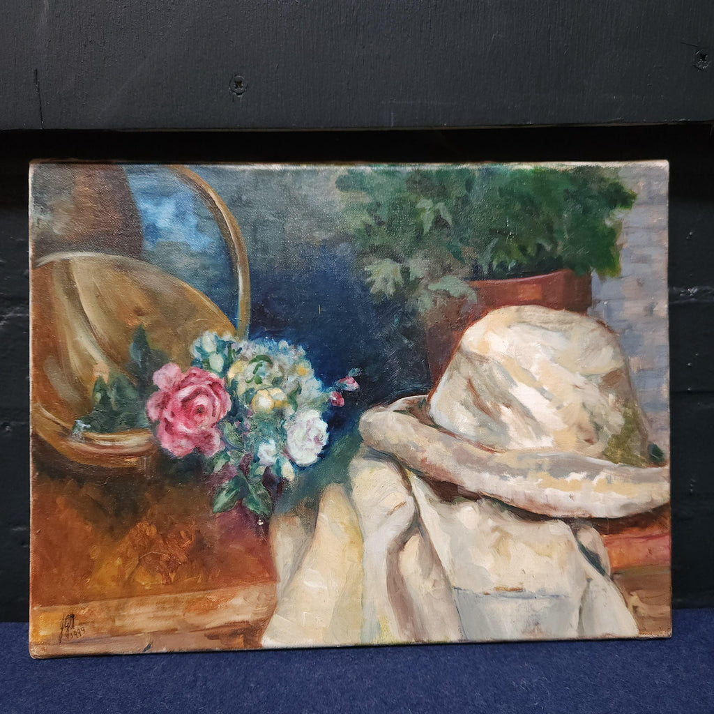 Oil on Stretched  Canvas Still Life - Garden Bench by Joan Gough Thomas 1999