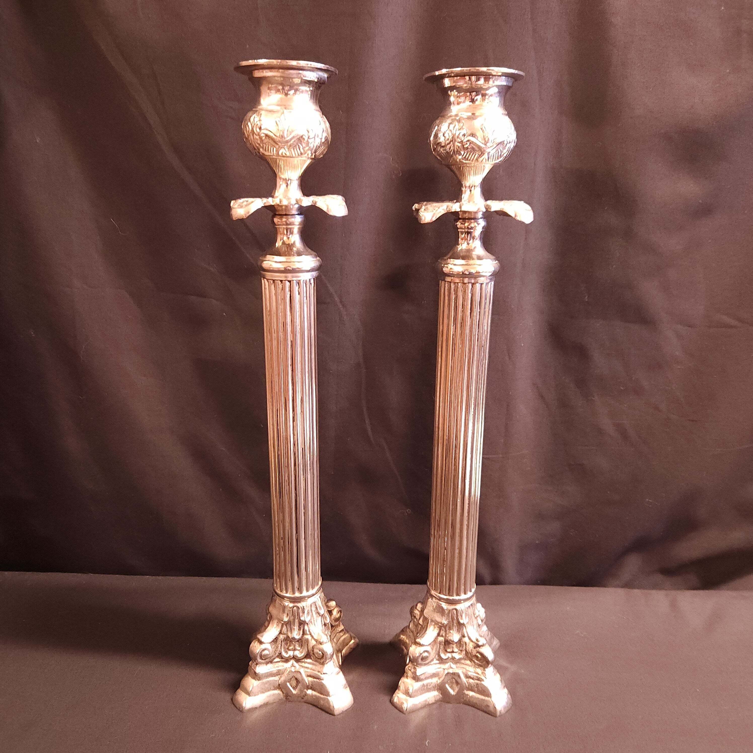 Pair Vintage Mid-Century Corinthian Column Candlesticks, Silver Plated