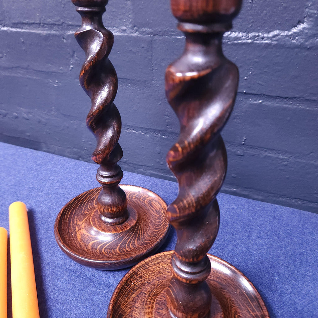 Pair of Early 20thC Oak Barleytwist Candlesticks