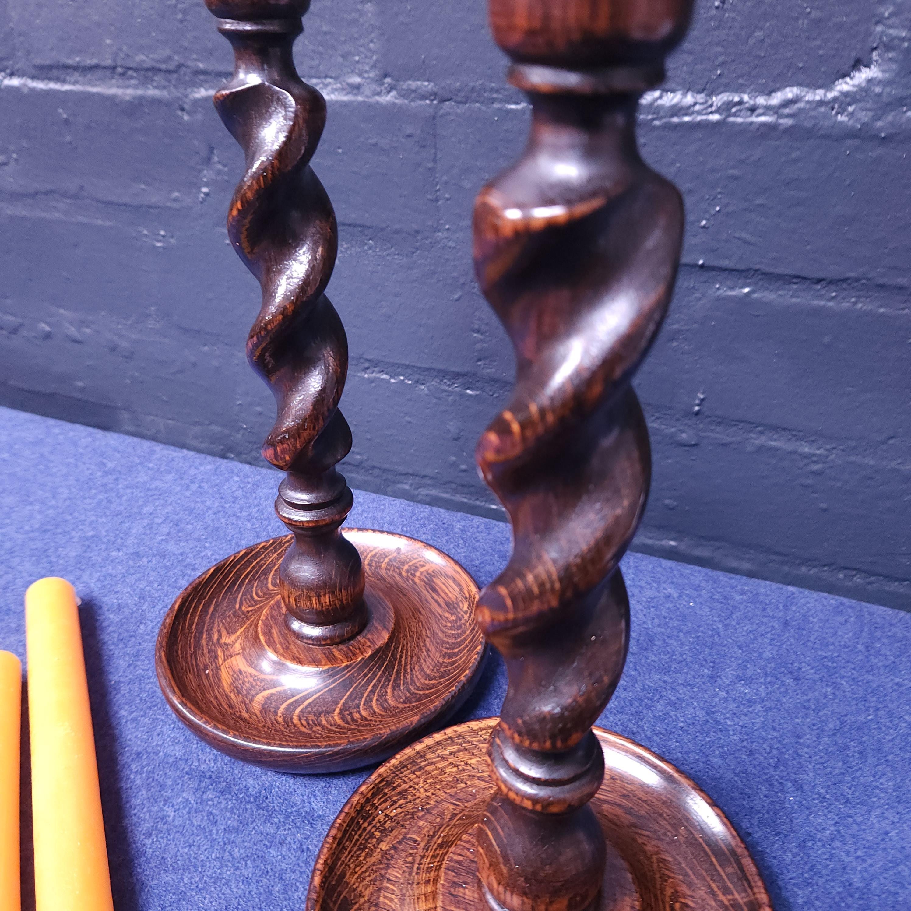 Pair of Early 20thC Oak Barleytwist Candlesticks
