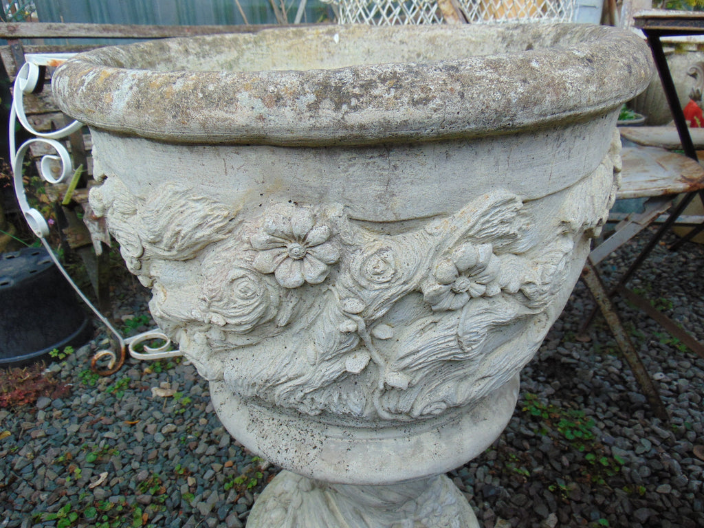 Pair Large Weathered Reconstituted Stone Urns Decorated with Flowers