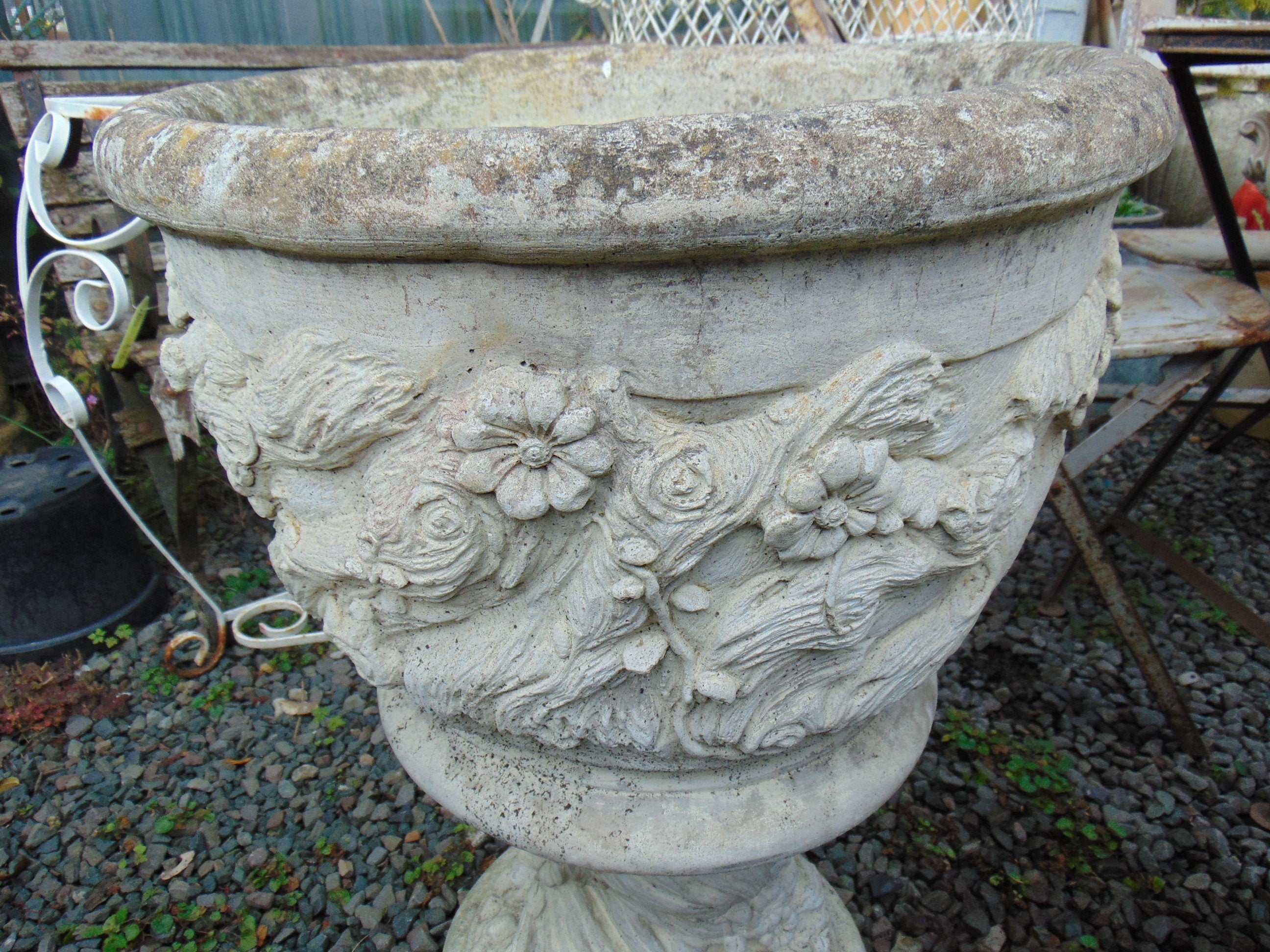 Pair Large Weathered Reconstituted Stone Urns Decorated with Flowers