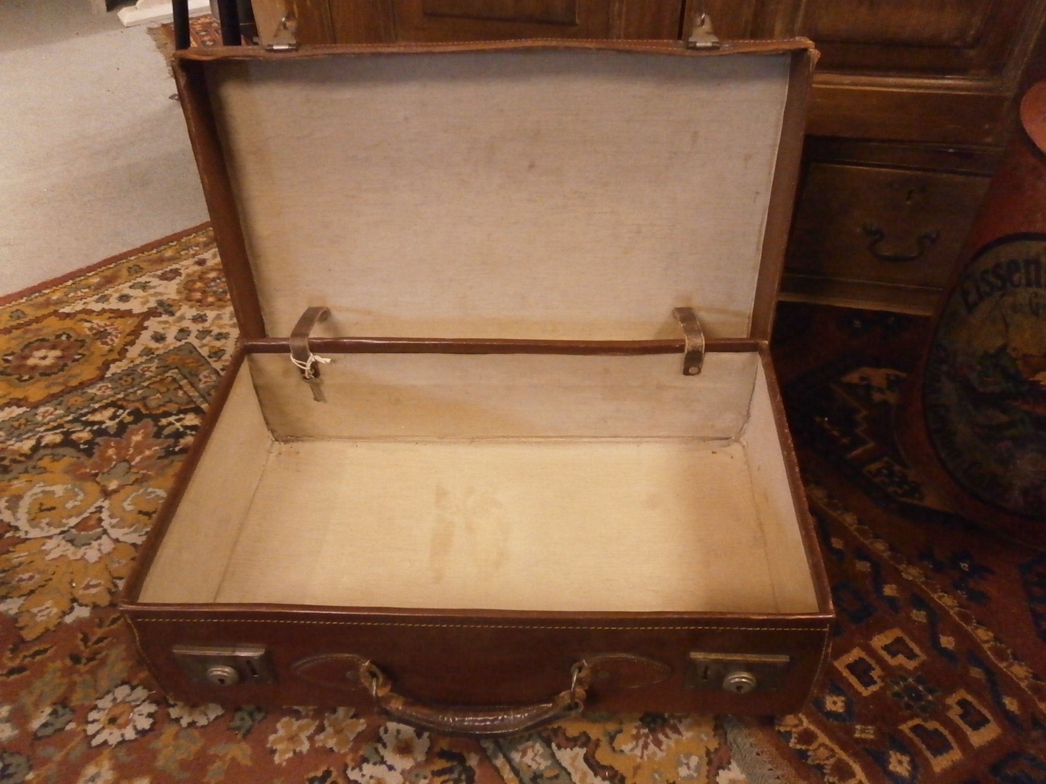 Vintage Tan Leather Suitcase with Original Key