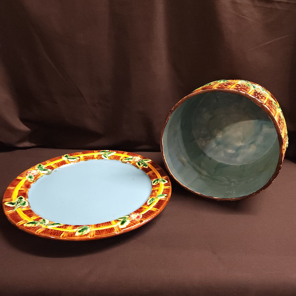 Majolica Cheese Keeper, Fence and Vine, In the Manner of George Jones Circa Early 1900's