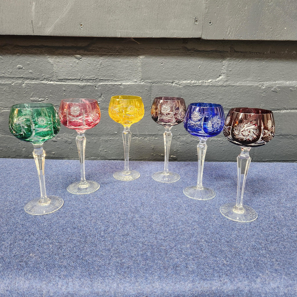 Set of 6 Hand Cut Bohemian Harlequin Hock Glasses
