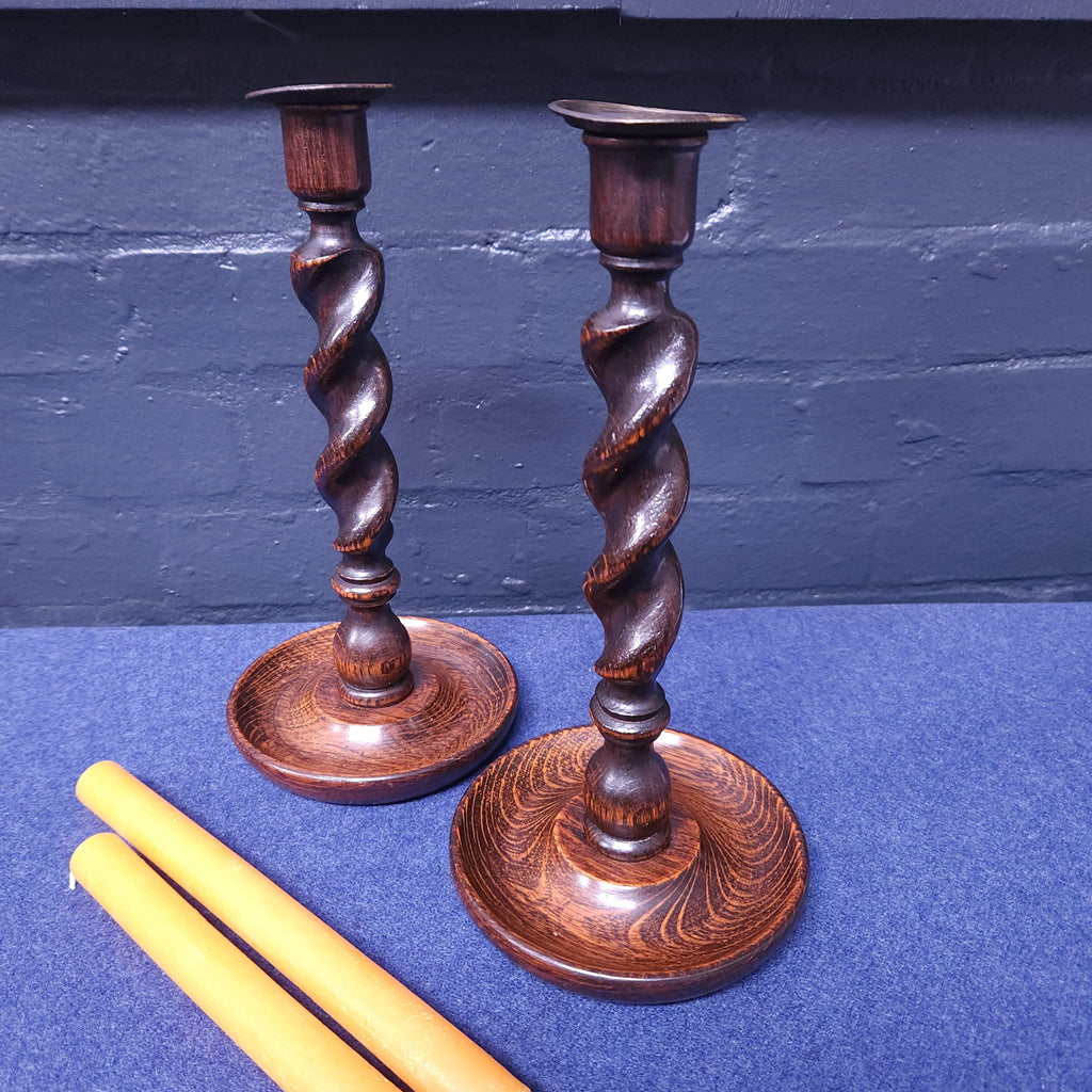 Pair of Early 20thC Oak Barleytwist Candlesticks