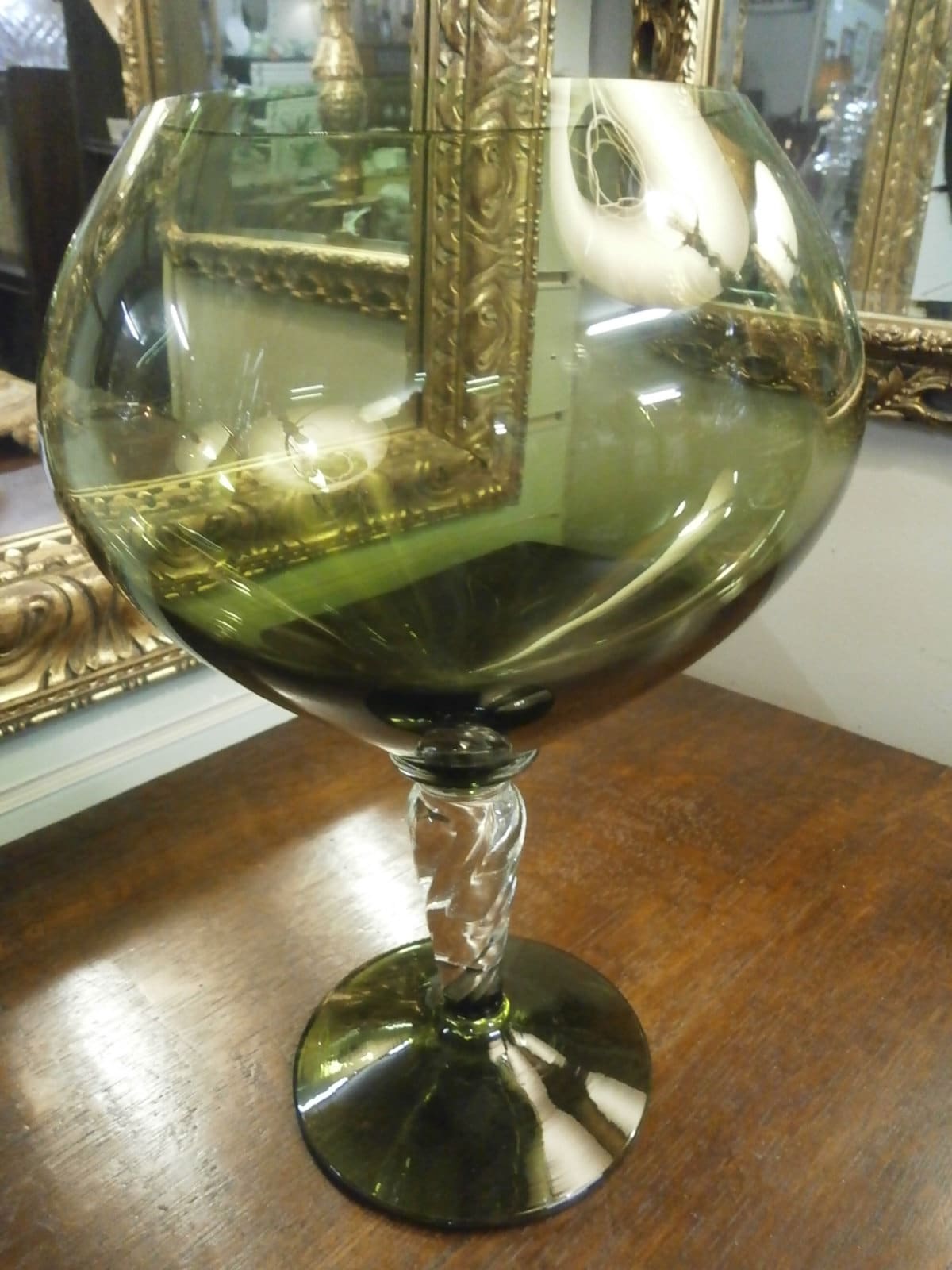 Retro Green Glass Stemmed Bowl - Vintage