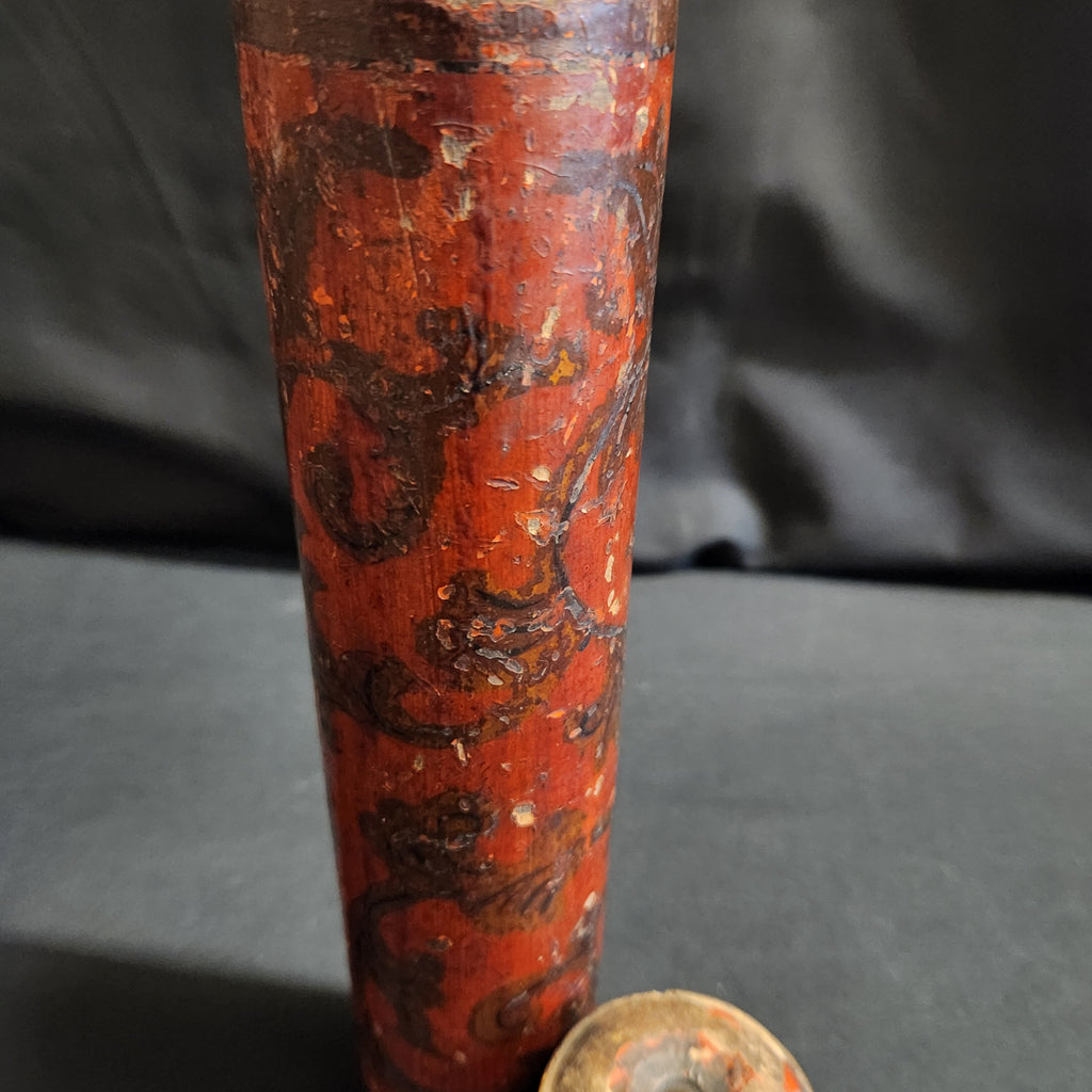 Circa Late 18thC Wooden Lidded Tubular Candle/Taper Holder, Decoupage in Red with Gilt