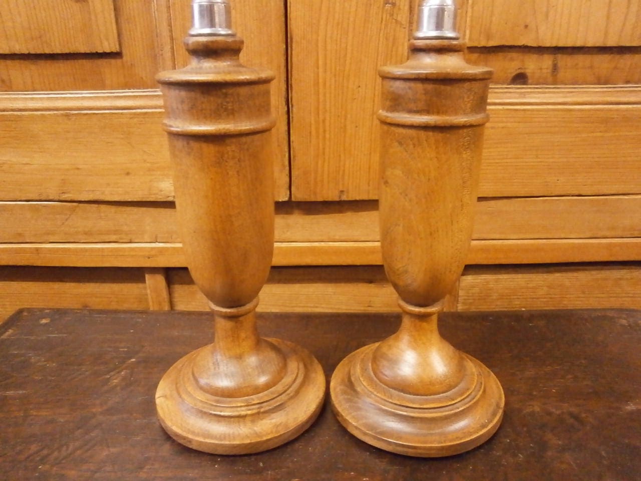 Pair of Art Deco Oak and White Metal Candlesticks - Vintage