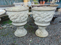 Pair Large Weathered Reconstituted Stone Urns Decorated with Flowers