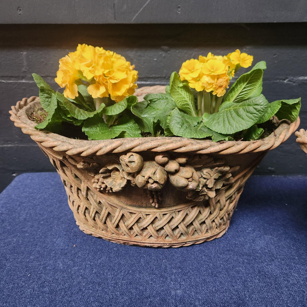 Pair Ornate Weathered Terracotta Basket Weave Style Planters