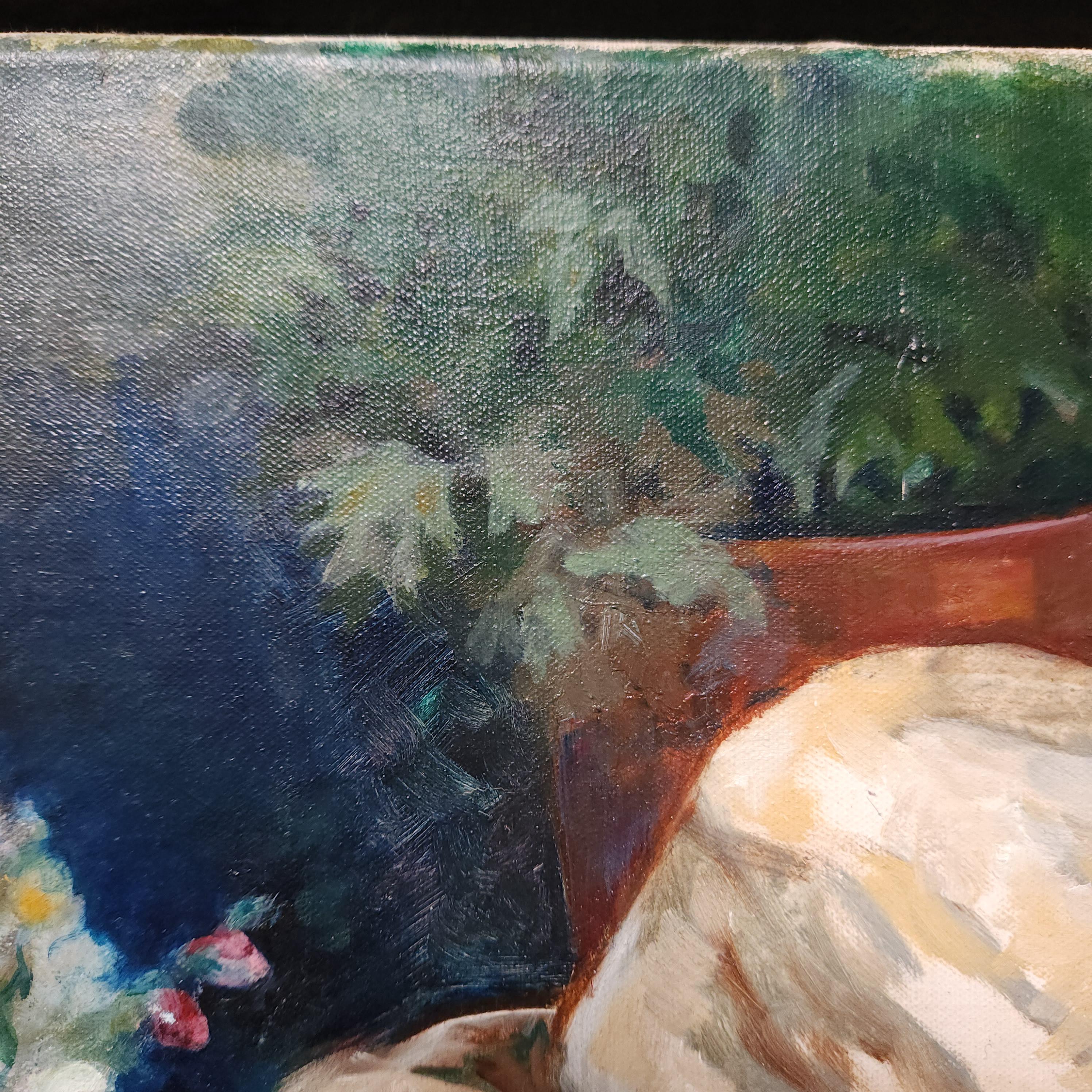 Oil on Stretched  Canvas Still Life - Garden Bench by Joan Gough Thomas 1999