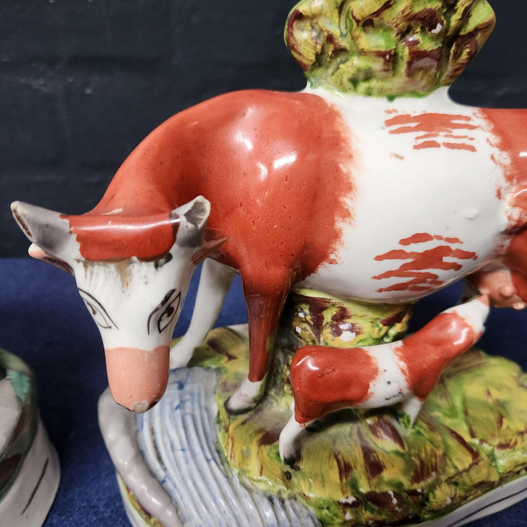 Pair Victorian Staffordshire Flat-Back Cow's with Calf