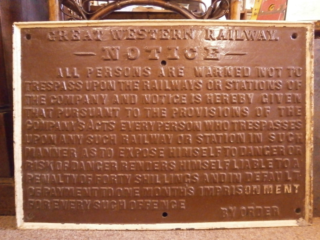 Cast Iron GWR Railway Notice Sign, Trespasser Warning, Original Antique