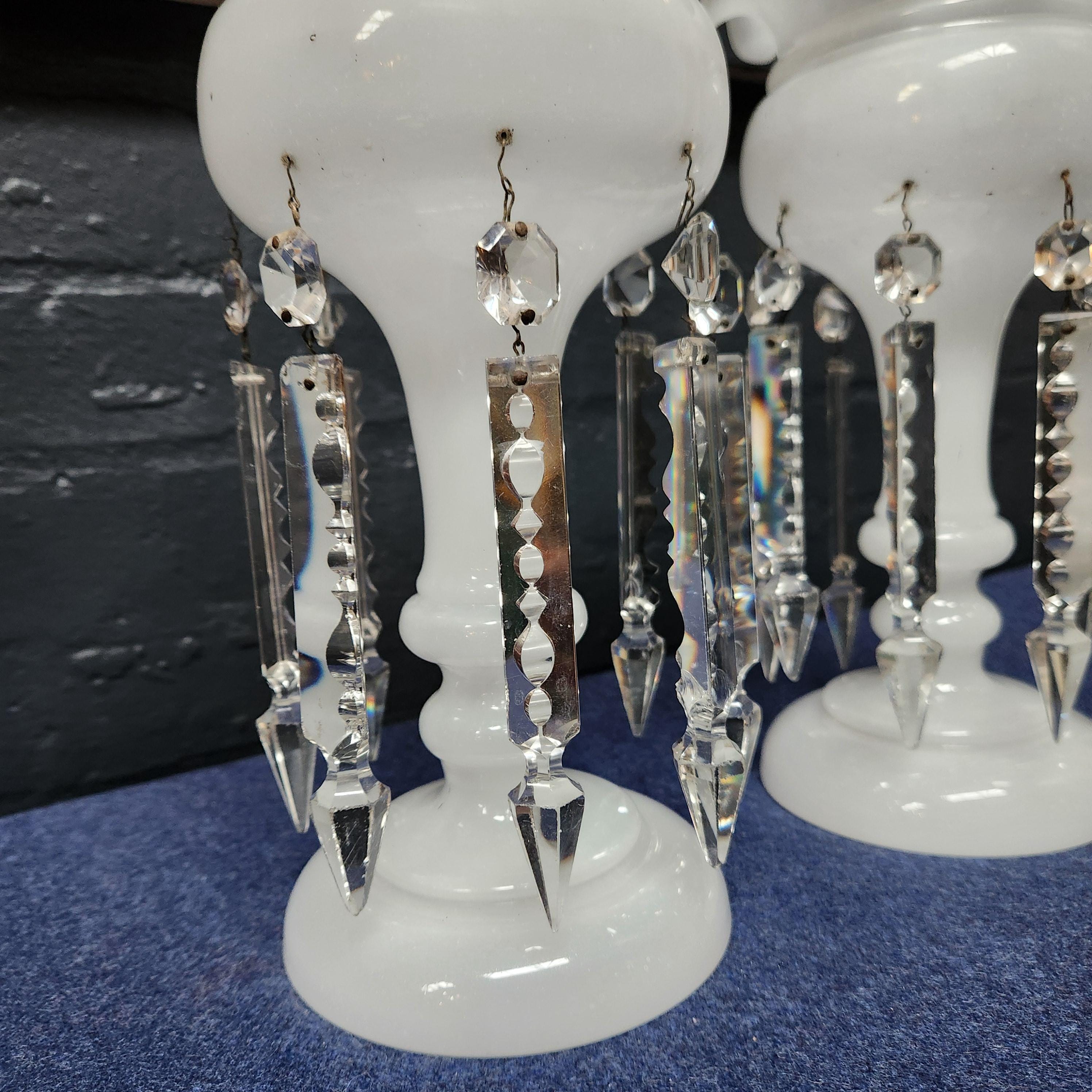 Pair Victorian Milk Glass Lustre's