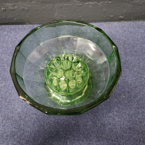 Art Deco Green Glass Rose Bowl with Flower Frog
