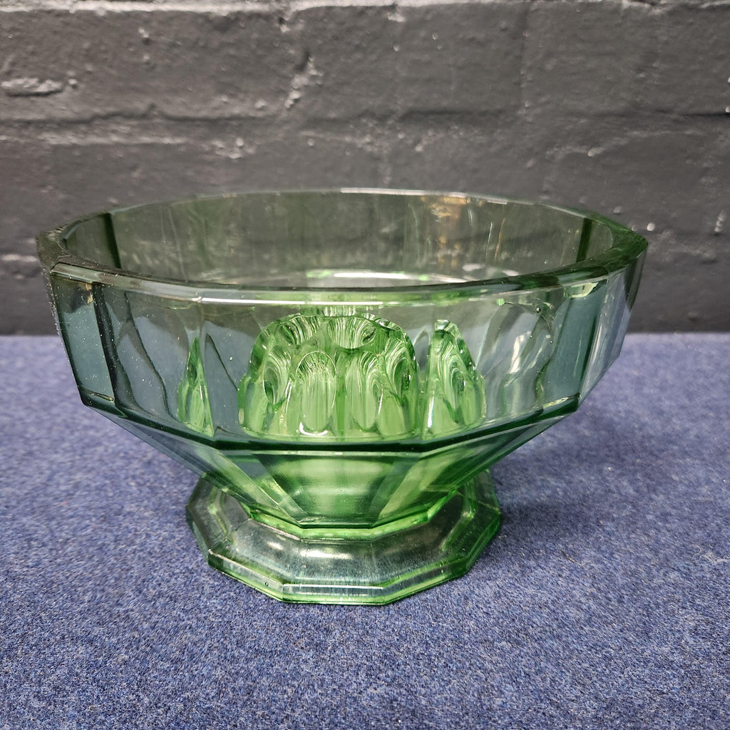 Art Deco Green Glass Rose Bowl with Flower Frog
