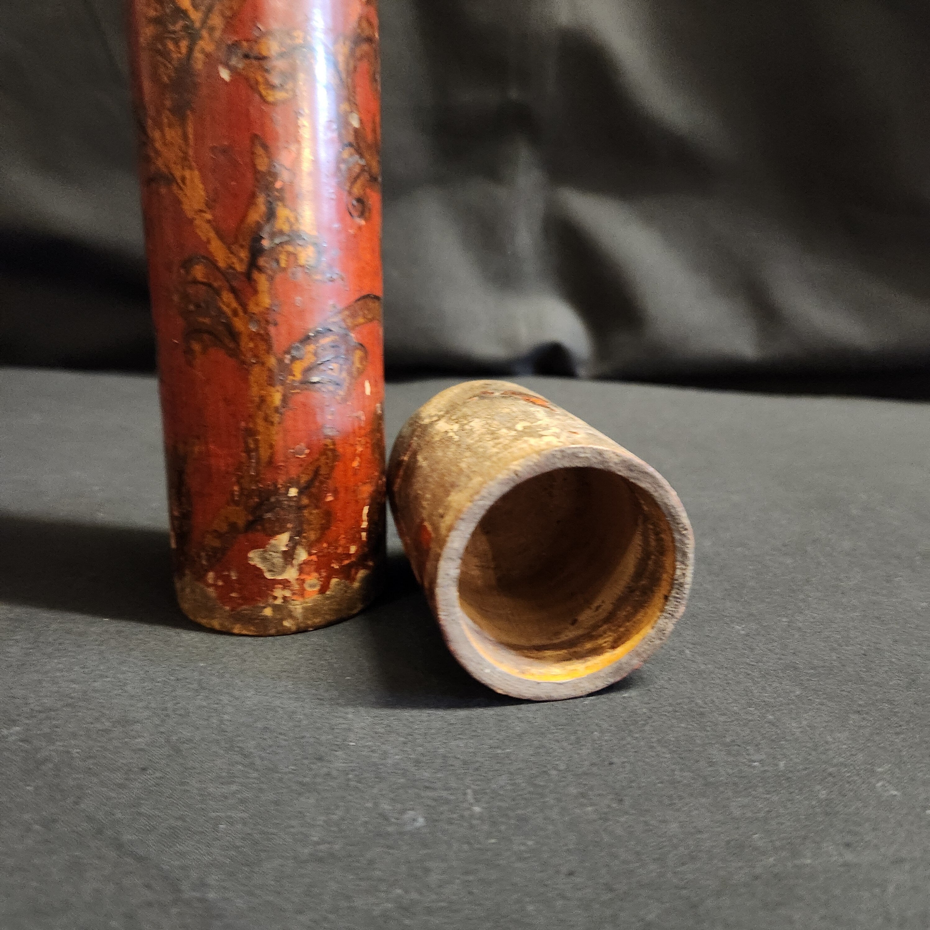 Circa Late 18thC Wooden Lidded Tubular Candle/Taper Holder, Decoupage in Red with Gilt