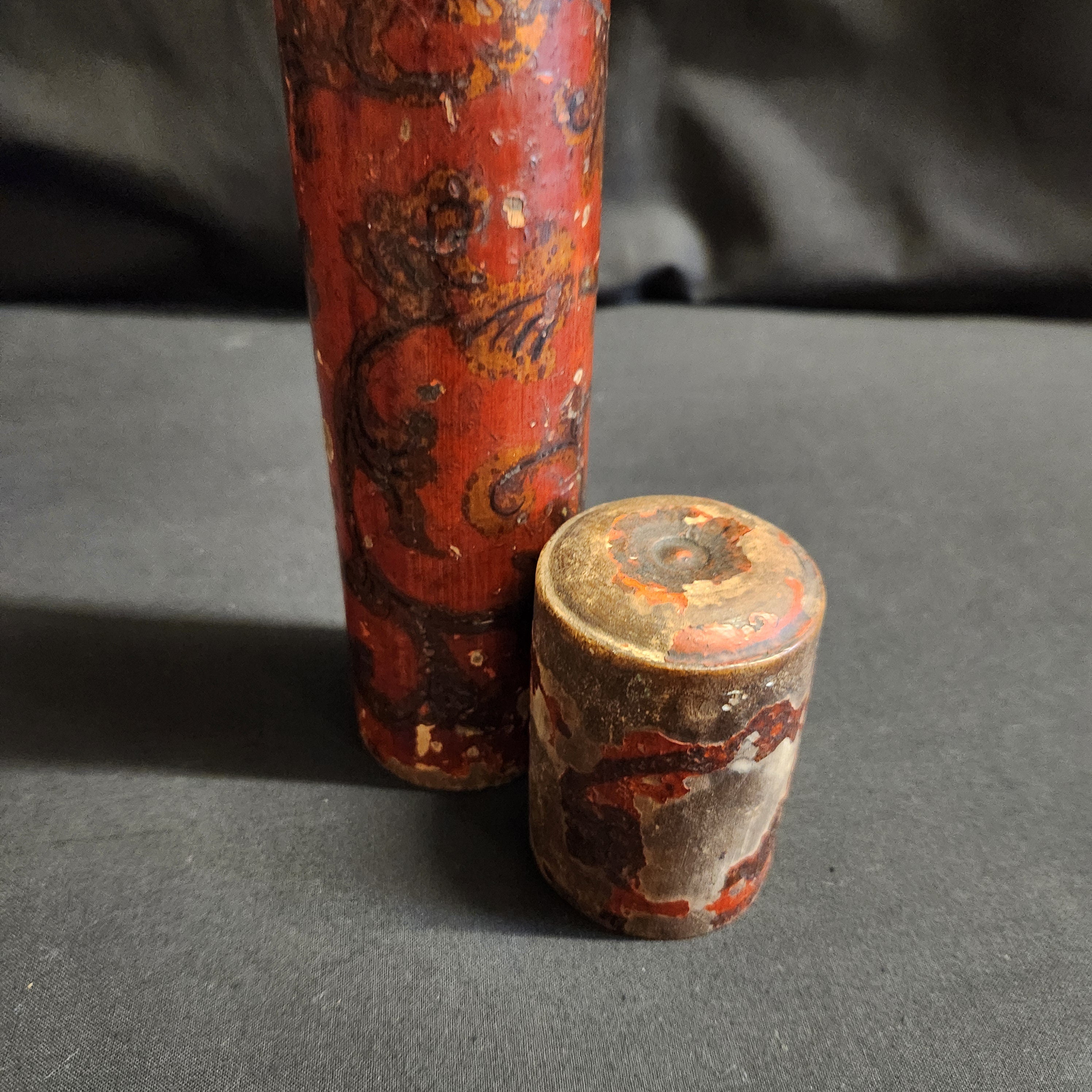 Circa Late 18thC Wooden Lidded Tubular Candle/Taper Holder, Decoupage in Red with Gilt