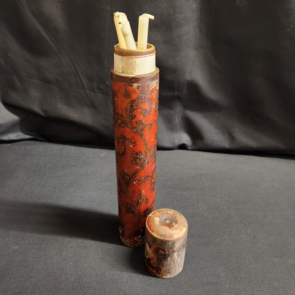 Circa Late 18thC Wooden Lidded Tubular Candle/Taper Holder, Decoupage in Red with Gilt